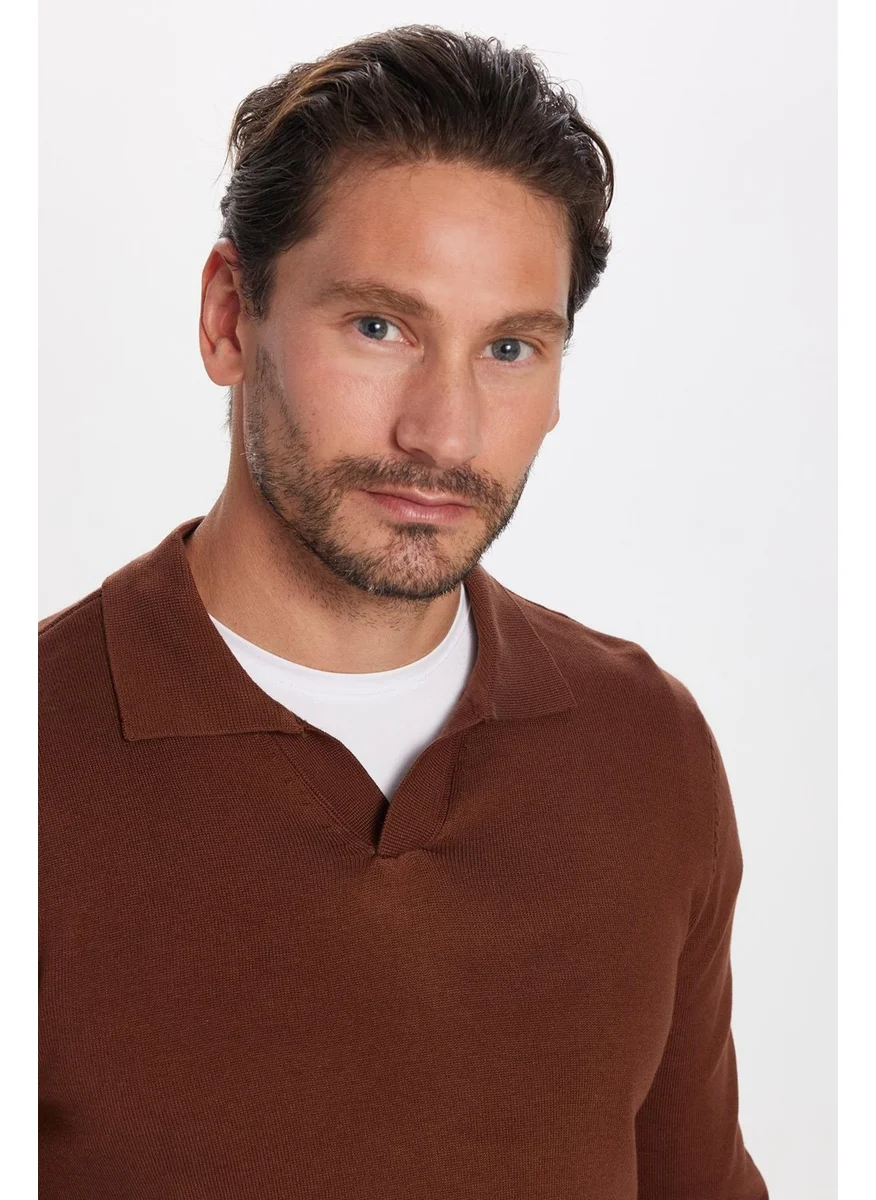 تودورس Slim Fit Slim Cut Polo V Neck Men's Brown Knitwear Sweater