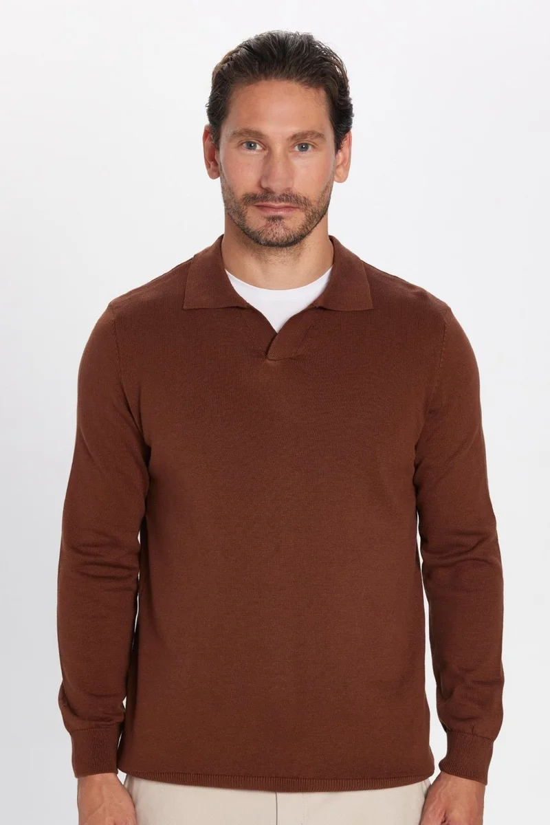 تودورس Slim Fit Slim Cut Polo V Neck Men's Brown Knitwear Sweater