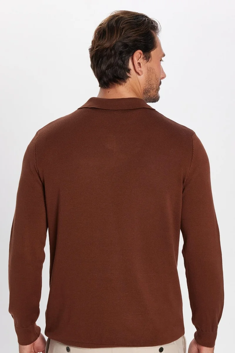 تودورس Slim Fit Slim Cut Polo V Neck Men's Brown Knitwear Sweater