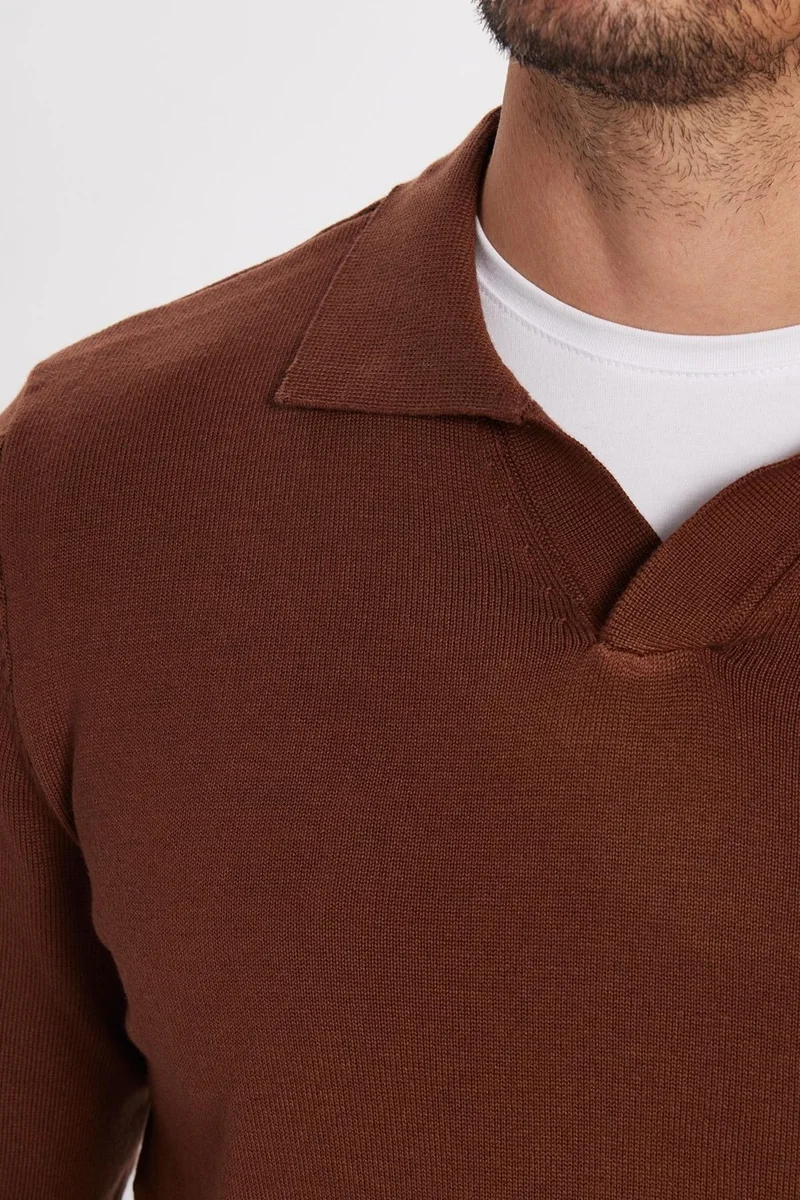 تودورس Slim Fit Slim Cut Polo V Neck Men's Brown Knitwear Sweater