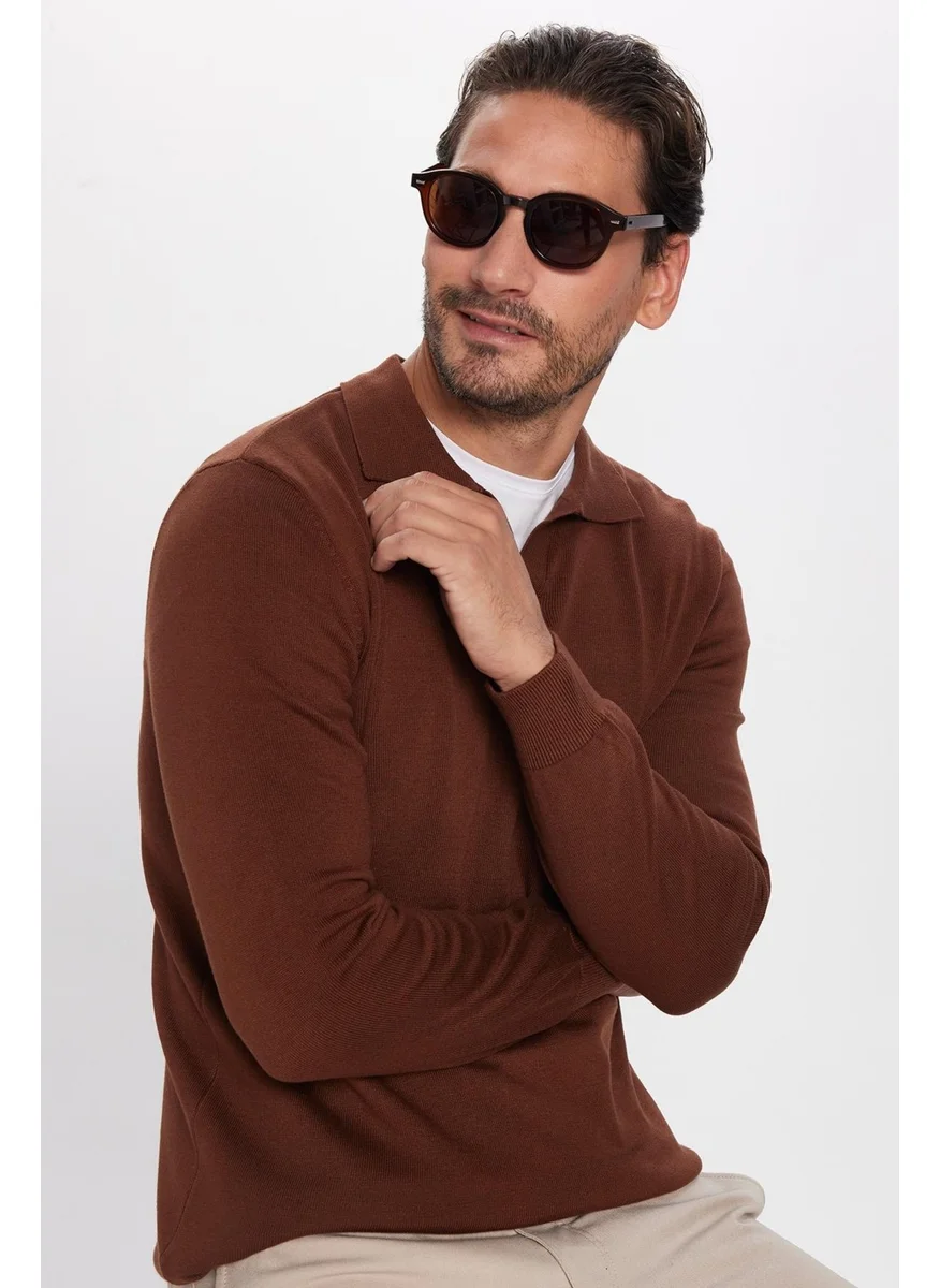 تودورس Slim Fit Slim Cut Polo V Neck Men's Brown Knitwear Sweater