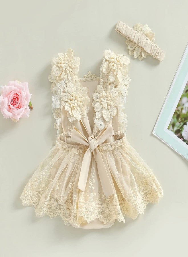 FOMOYUU Newborn Baby Girl Lace Romper Dress Sleeveless Floral Lace Outfits Summer Toddler Clothes with Headband (Apricot, 0-3 Months) - Image 4