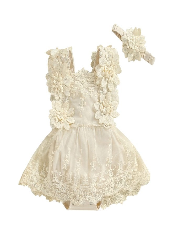 FOMOYUU Newborn Baby Girl Lace Romper Dress Sleeveless Floral Lace Outfits Summer Toddler Clothes with Headband (Apricot, 0-3 Months) - Image 1