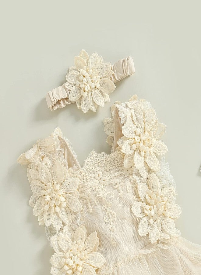FOMOYUU Newborn Baby Girl Lace Romper Dress Sleeveless Floral Lace Outfits Summer Toddler Clothes with Headband (Apricot, 0-3 Months) - Image 5