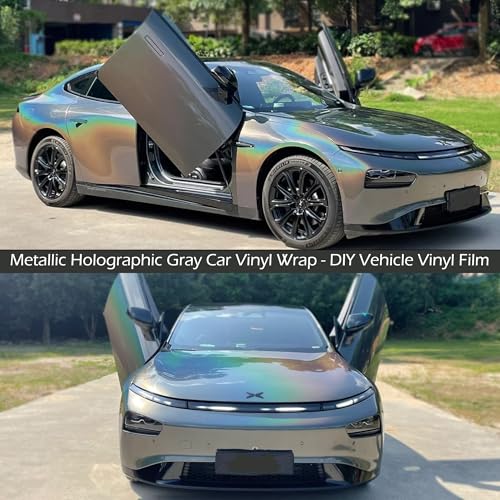 AuMoHall Metallic Holographic Gray Car Vinyl Wrap Gloss Rainbow Gray Chameleon Car Body Protective Film with Sparkling Diamond Color Change Effect DIY Vehicle Wrapping Roll, 59.84" x 7.87" - Image 2