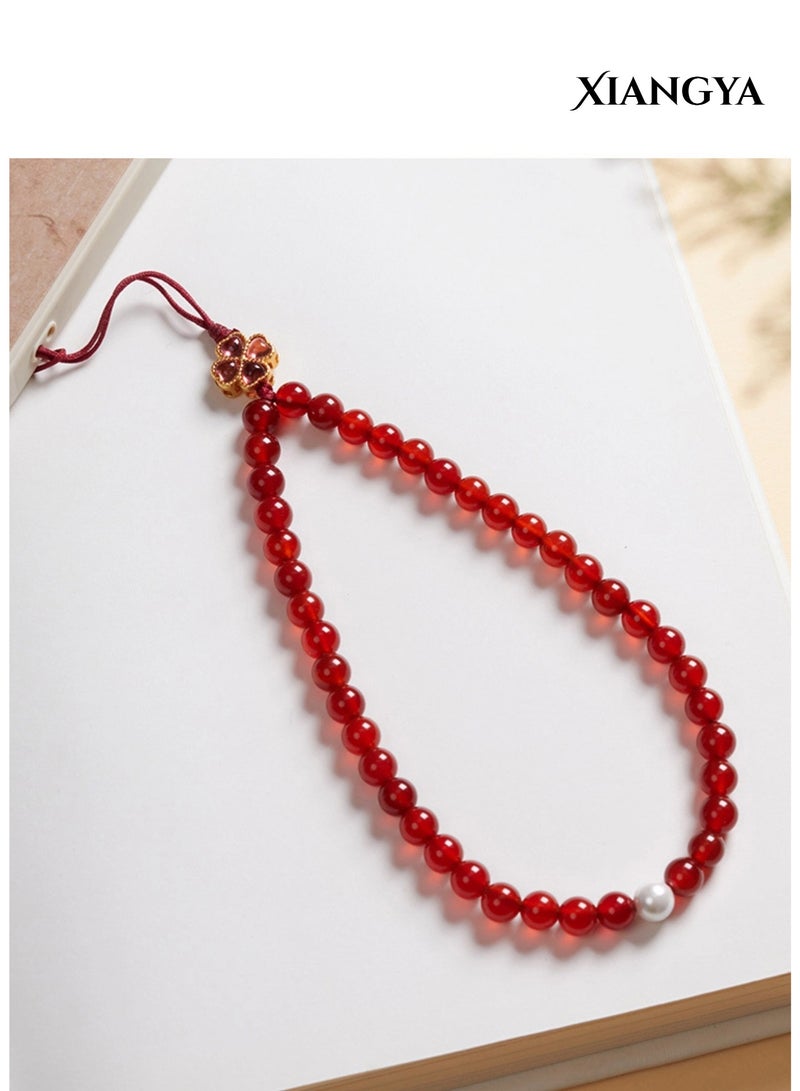 XIANGYA Mobile Accessories Red Agate Phone Strap – Elegant Crimson Harmony with Pearl Accent - Image 2