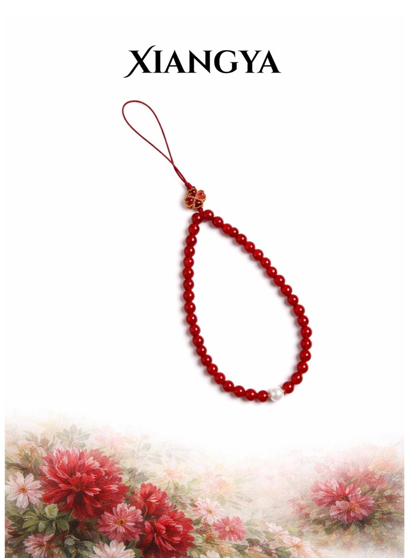 XIANGYA Mobile Accessories Red Agate Phone Strap – Elegant Crimson Harmony with Pearl Accent - Image 1
