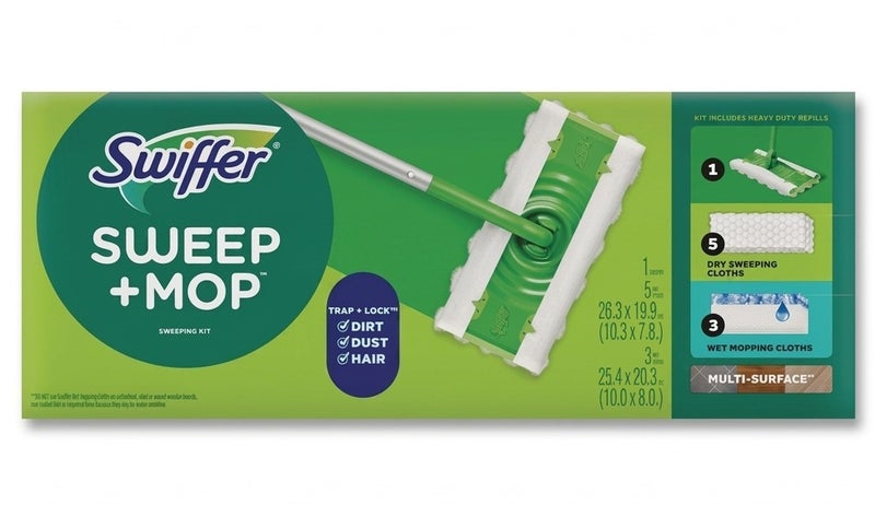 طقم تنظيف الأرضيات سويفر Sweep + Mop مع عصا | يشمل 5 مناديل تنظيف جافة و3 مناديل مبللة | نظام Trap + Lock لإزالة الغبار والأوساخ والشعر لجميع الأسطح - Image 1