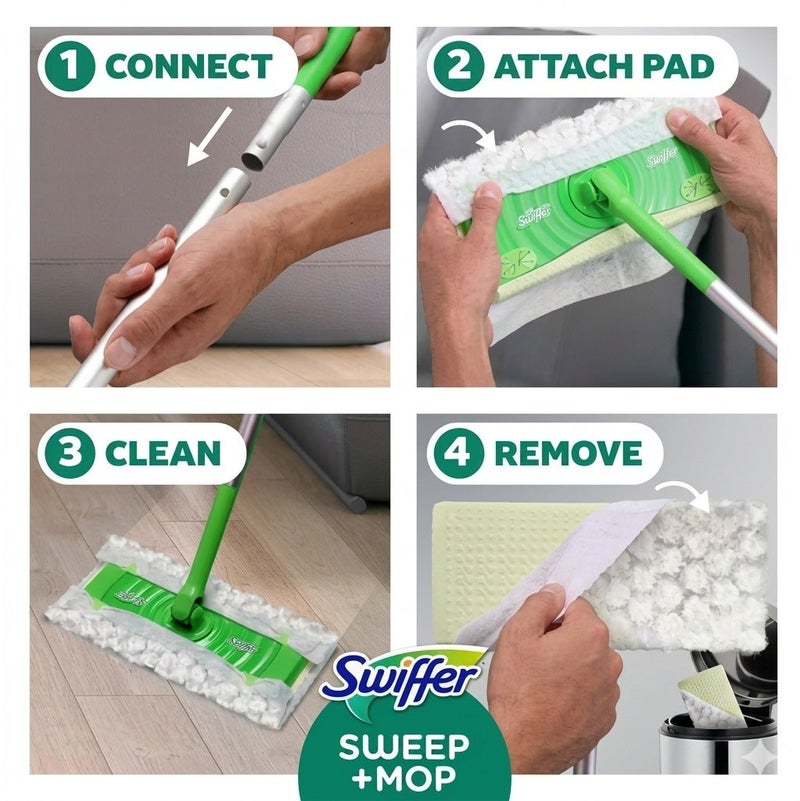 طقم تنظيف الأرضيات سويفر Sweep + Mop مع عصا | يشمل 5 مناديل تنظيف جافة و3 مناديل مبللة | نظام Trap + Lock لإزالة الغبار والأوساخ والشعر لجميع الأسطح - Image 3
