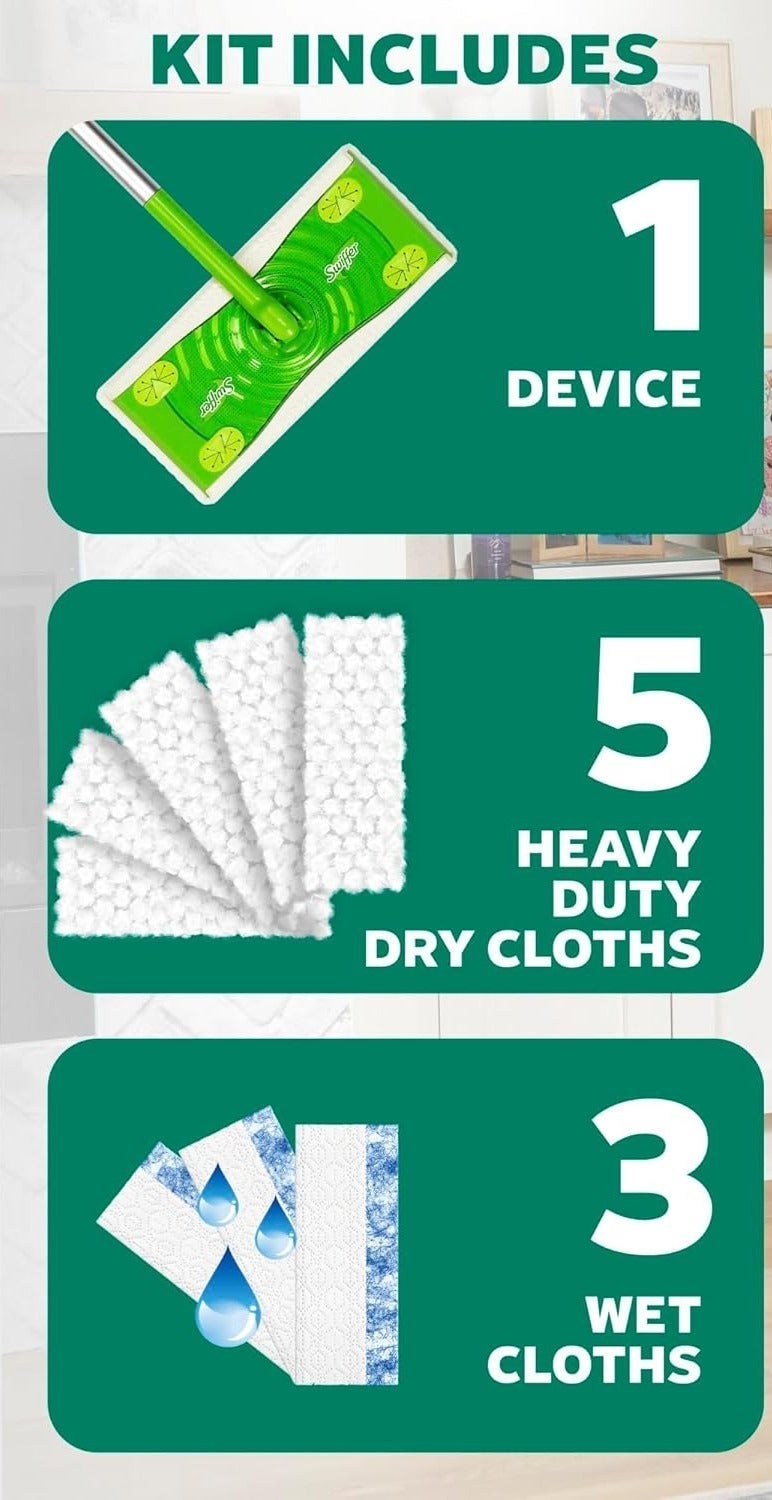 طقم تنظيف الأرضيات سويفر Sweep + Mop مع عصا | يشمل 5 مناديل تنظيف جافة و3 مناديل مبللة | نظام Trap + Lock لإزالة الغبار والأوساخ والشعر لجميع الأسطح - Image 4