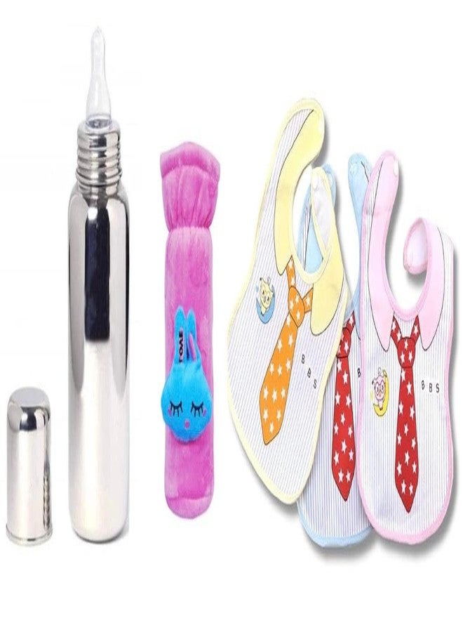 KIDS BASIC Stainless Steel Baby Feeding Bottle 240 ML with Velvet Bottle Cover and 3 Pcs of Button Bibs (3, Tie Bibs-1 Pink) - Image 1