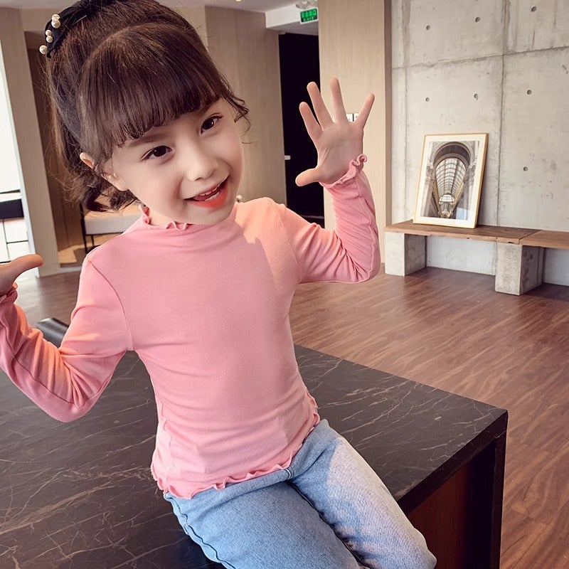 Girls' Bottoming Shirt Spring Style Kidsren'S Lace Top Little Girl Korean Style Pure Color Long-Sleeved T-Shirt - Image 4
