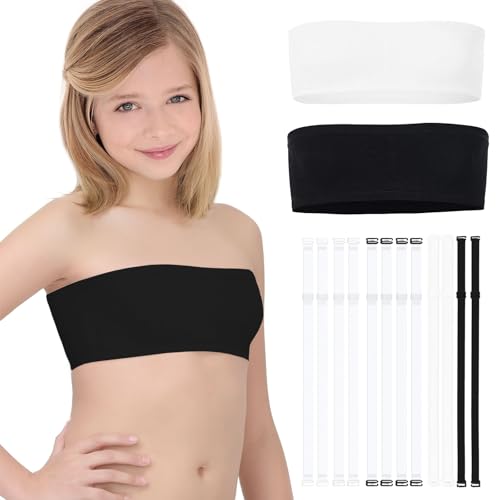 iMucci Girls Bandeau Bra Seamless Clear Strap Bra Training Bras for Girls Sports Tube Top with 4 Pairs Adjustable Clear Straps 1 Pair Black 1Pair White Strap 7-16Y - Image 1
