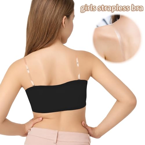 iMucci Girls Bandeau Bra Seamless Clear Strap Bra Training Bras for Girls Sports Tube Top with 4 Pairs Adjustable Clear Straps 1 Pair Black 1Pair White Strap 7-16Y - Image 2