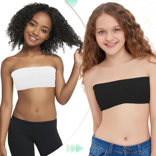 iMucci Girls Bandeau Bra Seamless Clear Strap Bra Training Bras for Girls Sports Tube Top with 4 Pairs Adjustable Clear Straps 1 Pair Black 1Pair White Strap 7-16Y - Image 3