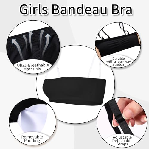 iMucci Girls Bandeau Bra Seamless Clear Strap Bra Training Bras for Girls Sports Tube Top with 4 Pairs Adjustable Clear Straps 1 Pair Black 1Pair White Strap 7-16Y - Image 5