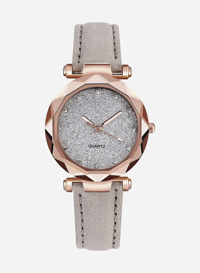 Styli Round Casual Grey PU Strap Watch, 34mm