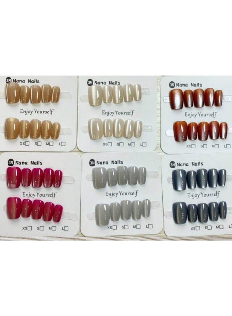 3N Nana Nails Press On Set - 6 Trendy Colors & Effects (Cat-Eye, Pearl) for Instant Manicures! - Image 1