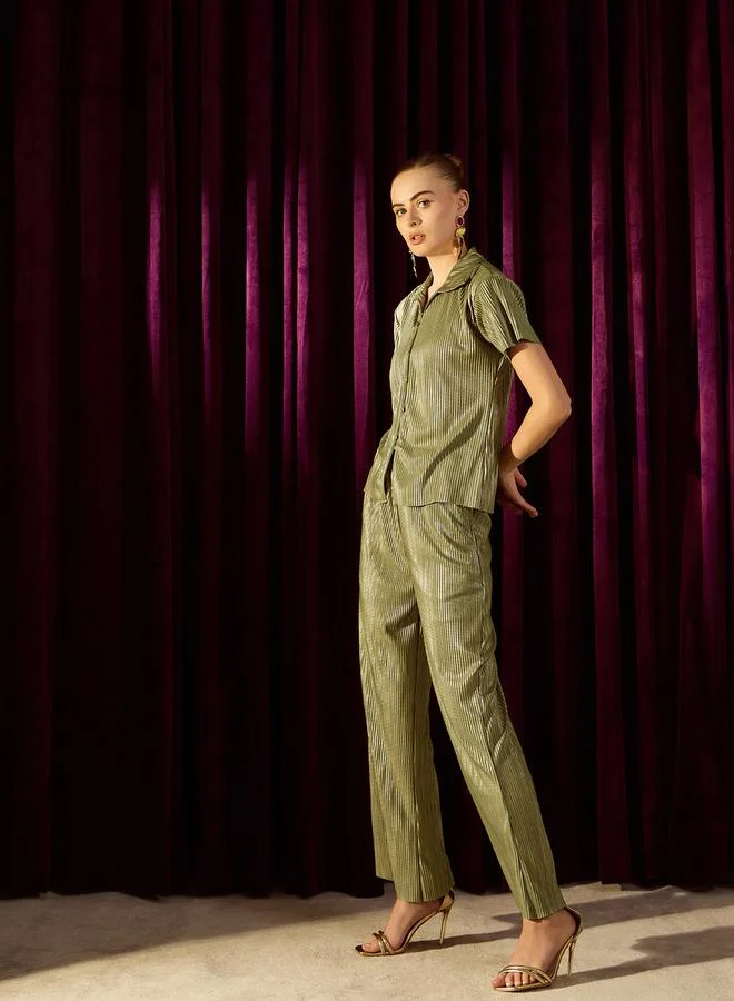 Kassually Kassually Plisse Regular Fit Shirt and Straight Pants Co-Ords