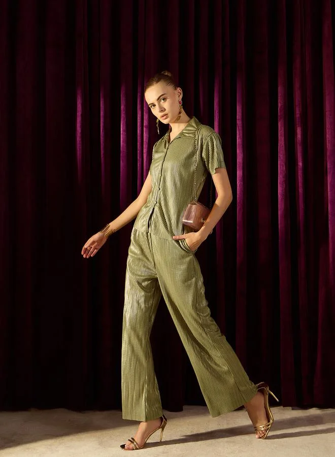 Kassually Kassually Plisse Regular Fit Shirt and Straight Pants Co-Ords