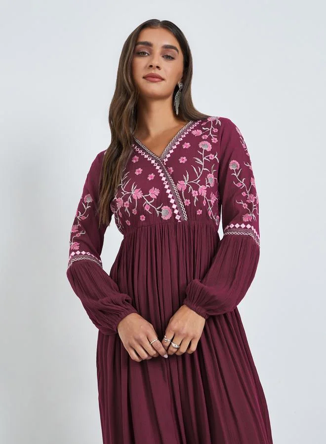 Styli Women Embroidered V Neck Maxi Dress