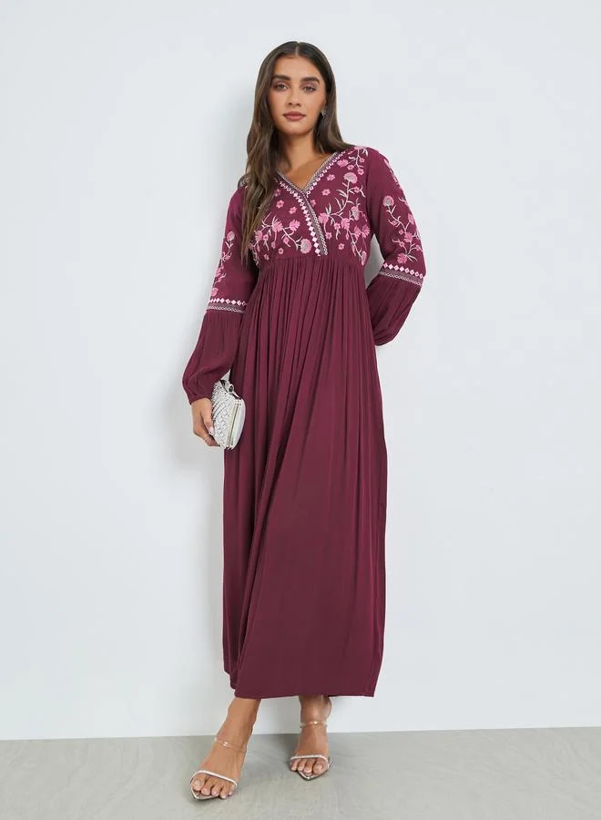 Women Embroidered V Neck Maxi Dress