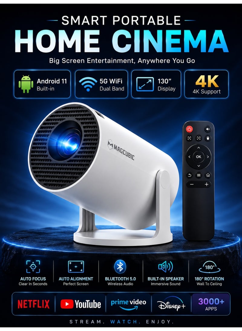 MAGCUBIC Portable 1080P Projector with Android 11 - 5G WiFi, 130” Display, 4K Support, Built-in Speakers, Screen Mirroring, Compatible with HDMI/USB/PS5/iOS for Indoor & Outdoor Use - Image 1