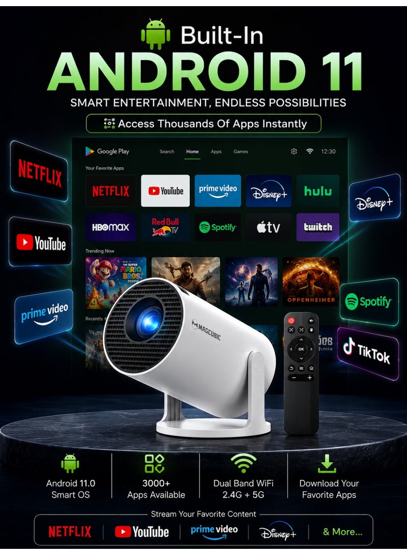 MAGCUBIC Portable 1080P Projector with Android 11 - 5G WiFi, 130” Display, 4K Support, Built-in Speakers, Screen Mirroring, Compatible with HDMI/USB/PS5/iOS for Indoor & Outdoor Use - Image 3