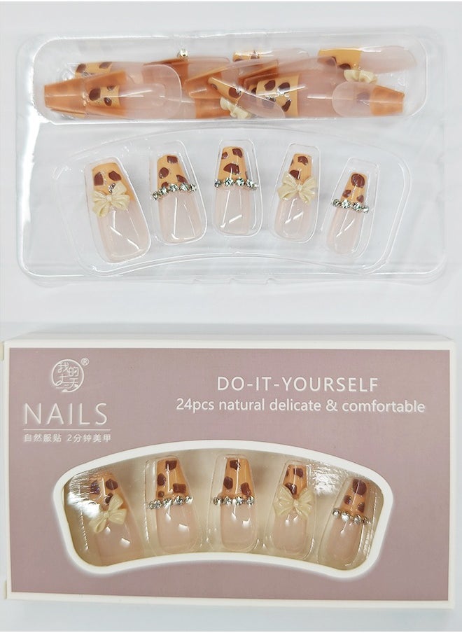 NIBEMINENT 24Pcs Fake Nails, Press Nails In Box,Long-length Flat head shaped Solid Brown Color Shiny Nail Art,Bow knot Zircon,Leopard print Speckle,Fake Nail Patch  - Image 2