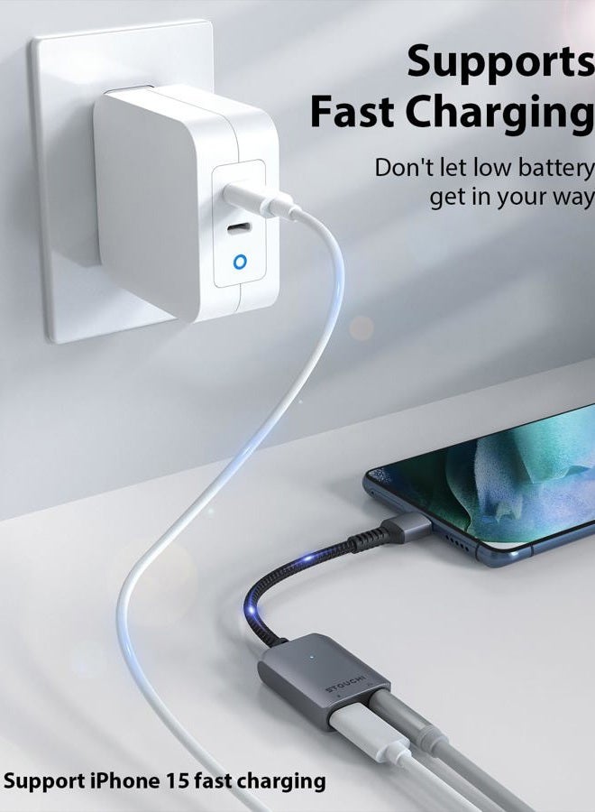 Stouchi محول شحن سماعات رأس USB C إلى 3.5 مم 2 في 1 مع شحن سريع PD وDAC عالي الدقة لأجهزة iPhone 15 وGalaxy S24/S24+/S23/S22/S21 وiPad Pro وPixel 9/8/7 - Image 2