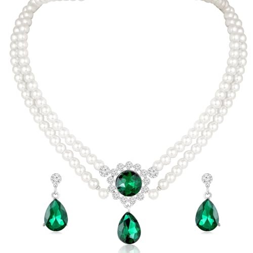 Peora Silver Plated White Pearl & Green Crystal Studded Two Layer Necklace with Drop Earrings Fashion Jewellery Gift for Women & Girls - Image 1