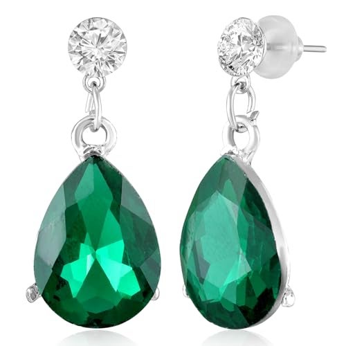 Peora Silver Plated White Pearl & Green Crystal Studded Two Layer Necklace with Drop Earrings Fashion Jewellery Gift for Women & Girls - Image 5