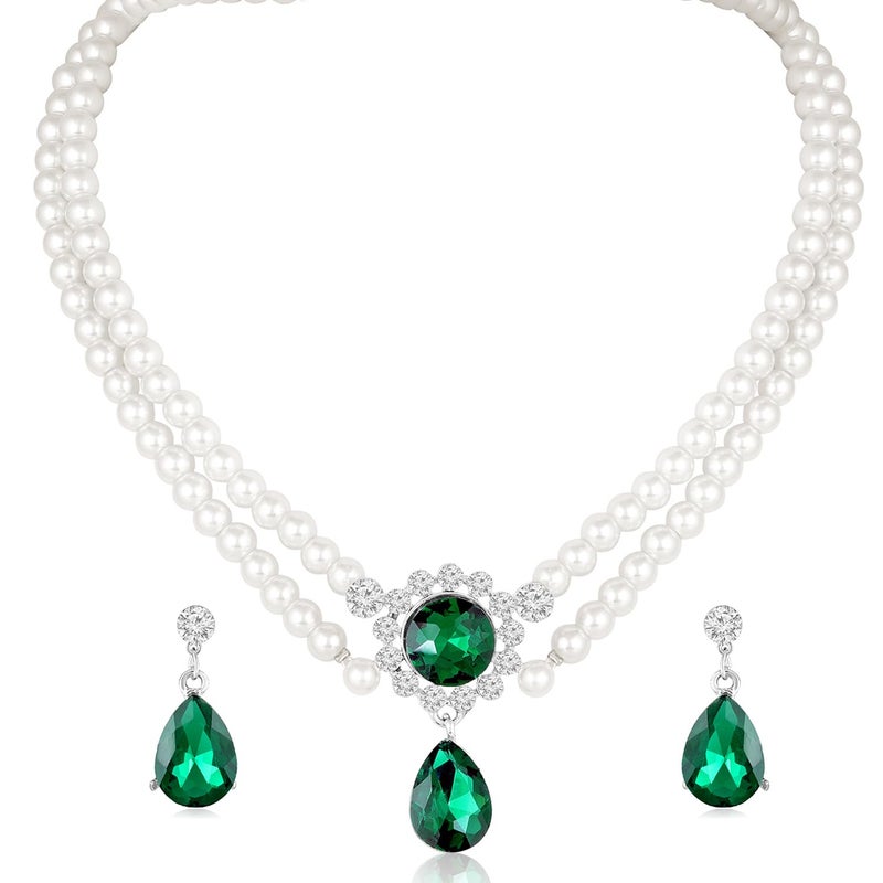 Peora Silver Plated White Pearl & Green Crystal Studded Two Layer Necklace with Drop Earrings Fashion Jewellery Gift for Women & Girls - Image 3