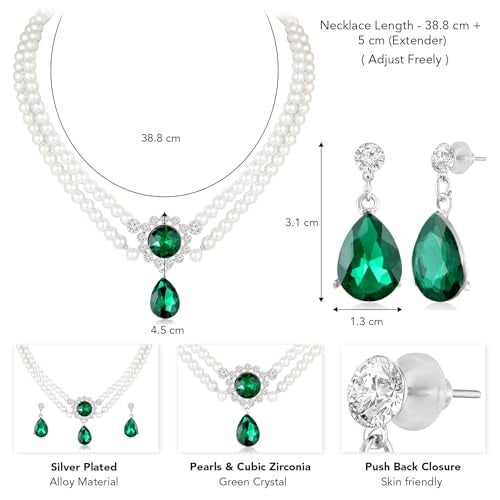 Peora Silver Plated White Pearl & Green Crystal Studded Two Layer Necklace with Drop Earrings Fashion Jewellery Gift for Women & Girls - Image 4