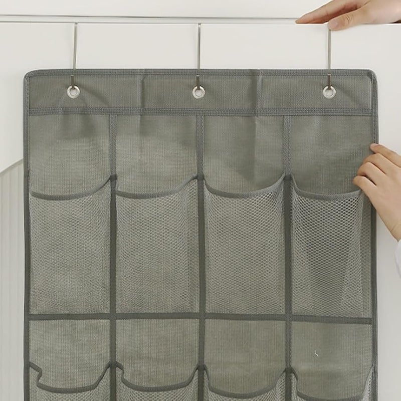 منظم الأحذية الرمادي المعلق فوق الباب مع 24 جيب شبكي قابل للتنفس و3 خطاطيف - Image 3