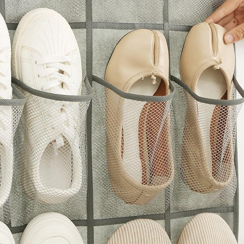 منظم الأحذية الرمادي المعلق فوق الباب مع 24 جيب شبكي قابل للتنفس و3 خطاطيف - Image 4