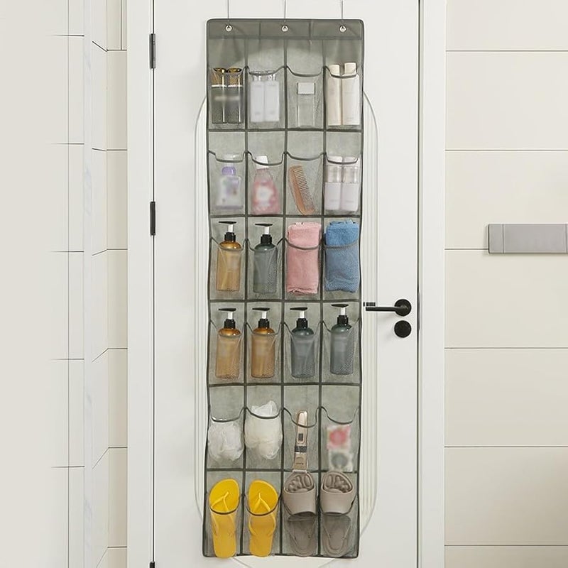 منظم الأحذية الرمادي المعلق فوق الباب مع 24 جيب شبكي قابل للتنفس و3 خطاطيف - Image 5