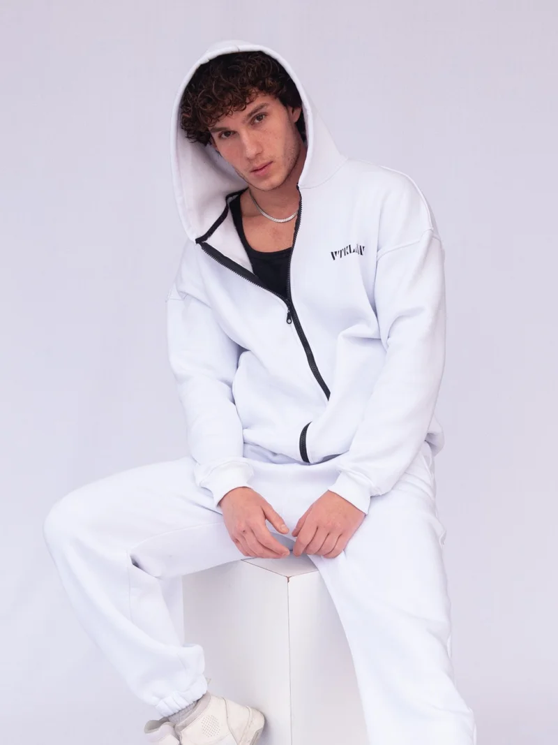 Vatkalimon White Rose Gold Oversize Hooded Zipper Sweatshirt