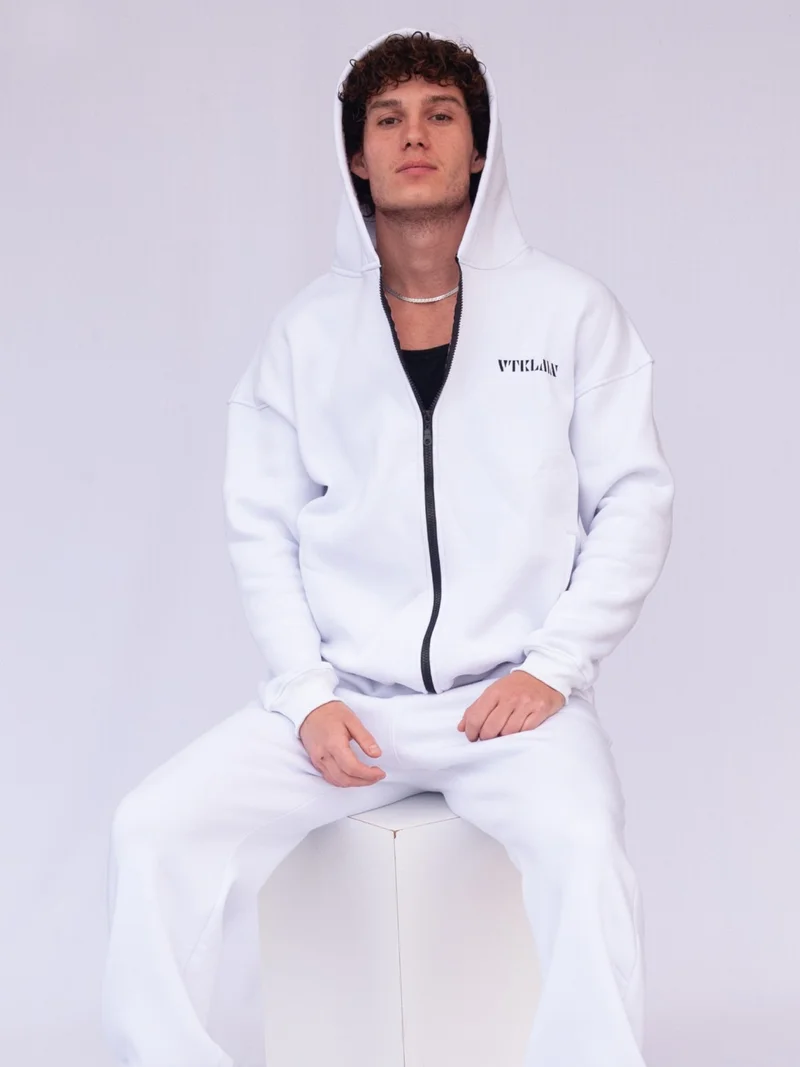 Vatkalimon White Rose Gold Oversize Hooded Zipper Sweatshirt