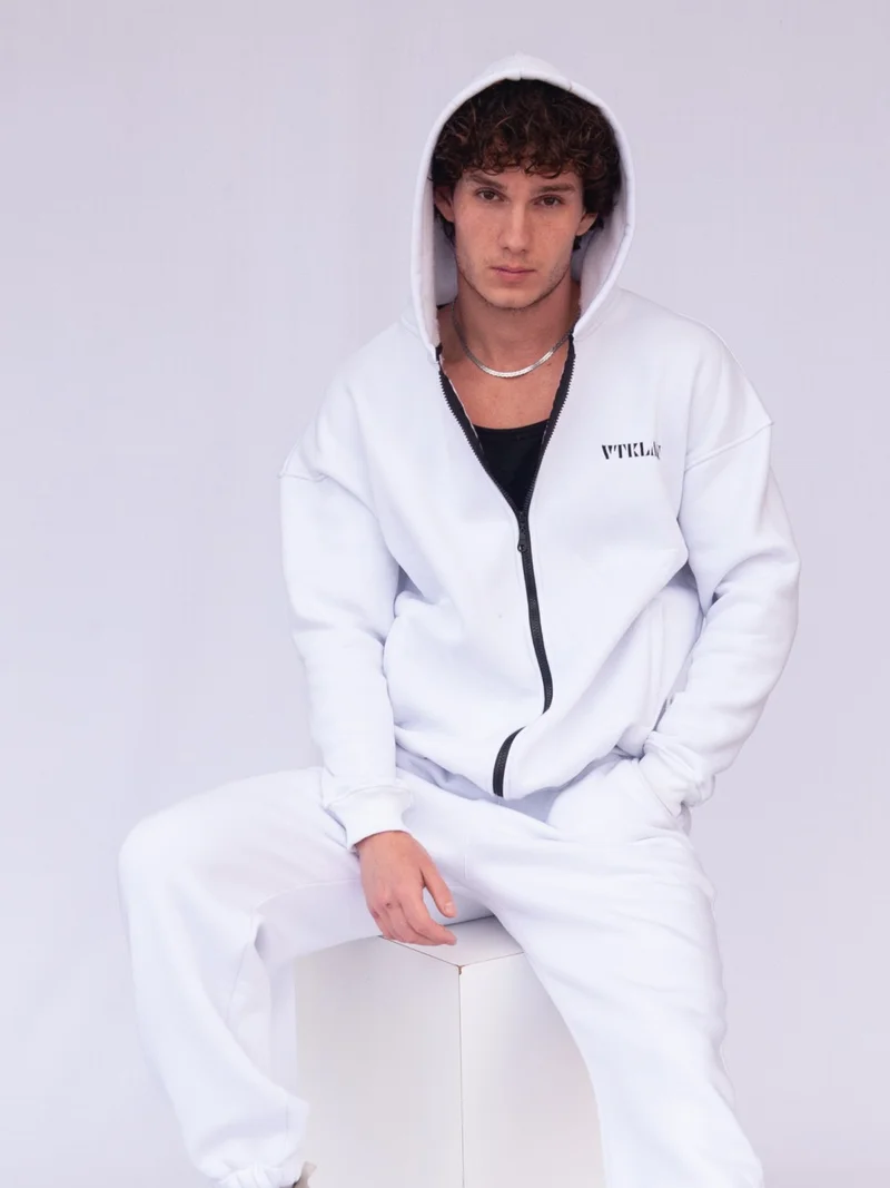 Vatkalimon White Rose Gold Oversize Hooded Zipper Sweatshirt