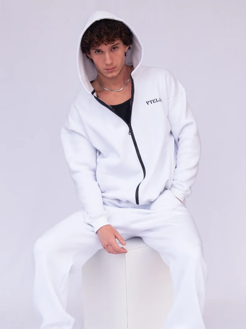 Vatkalimon White Rose Gold Oversize Hooded Zipper Sweatshirt