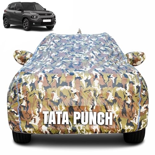 CABIUS 100% Waterproof Car Body Cover for Tata Punch (2021-2025) with Mirror Pocket (Heat & UV Resistant, Triple Stitched, Soft Lining, Bottom Elastic & Piping) Camouflage, Military Print - Image 1