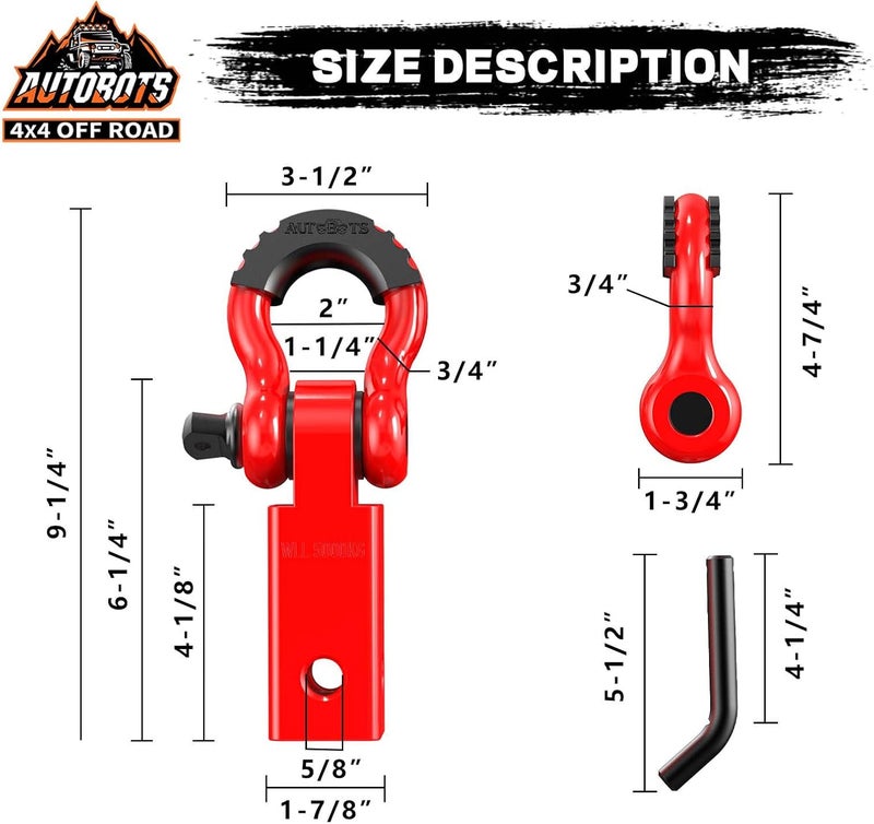 AUTOBOTS Tow Hitch Receiver 2", 45,000 Lbs Break Strength Shackle Hitch Receiver with 5/8" Screw Pin, 3/4 Shackle, Towing Accessories for Vehicle Trailer Recovery Off-Road Red&Red - Image 4