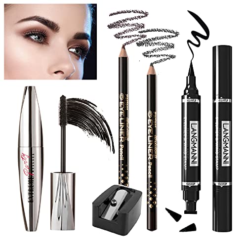 Wismee Mascara Eye Liner Eye Makeup Set Waterproof Liquid Eye Liner Stamp Mascara Black volume and length Eyelash Quick Drying Long Lasting Eye liner Pencil Cosmetic Kit with Sharpener for Women Girls - Image 2