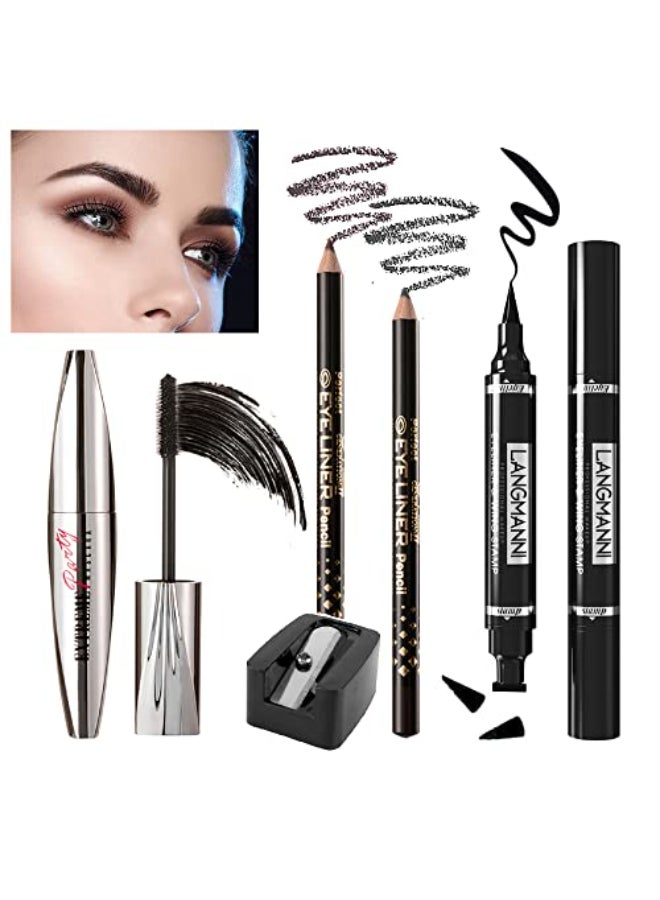 Wismee Mascara Eye Liner Eye Makeup Set Waterproof Liquid Eye Liner Stamp Mascara Black volume and length Eyelash Quick Drying Long Lasting Eye liner Pencil Cosmetic Kit with Sharpener for Women Girls - Image 1