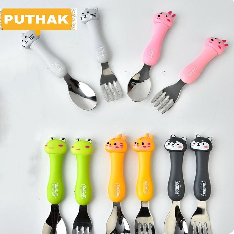 Puthak Creative Portable Cartoon Animal Cutlery Set Elementary Kids Children SUS304 Stainless Steel Cutlery Cute Fork Spoon 2 pcs Set with Travel Storage Box (Note: Color Will Be Sent As Per Stock) - Image 5