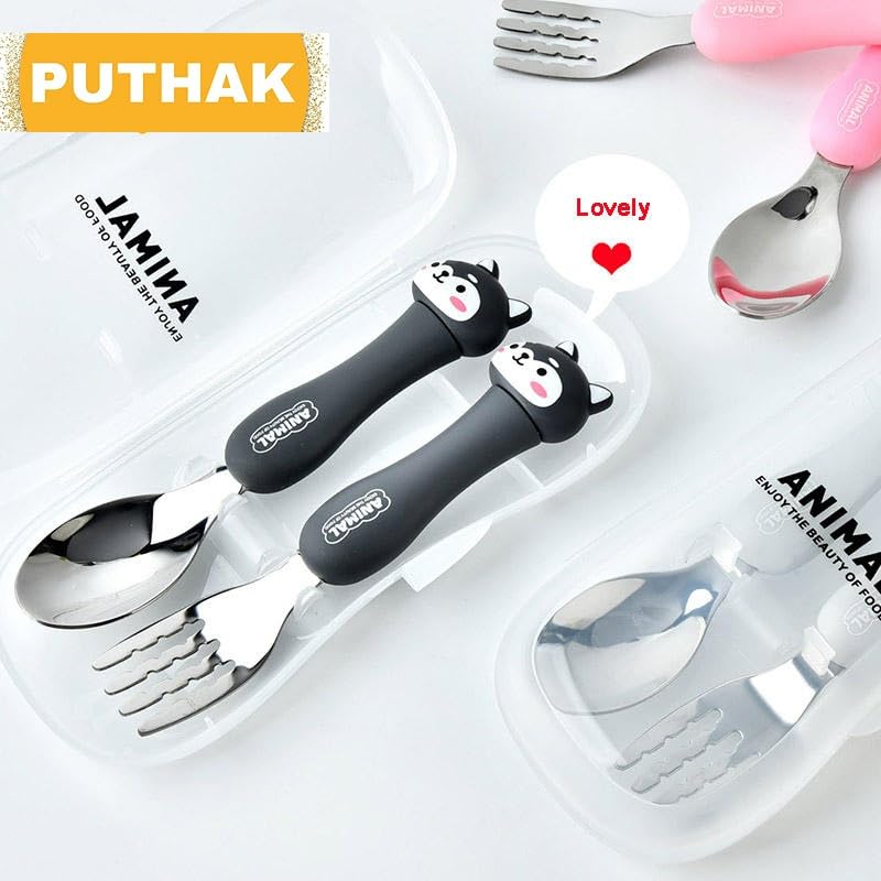 Puthak Creative Portable Cartoon Animal Cutlery Set Elementary Kids Children SUS304 Stainless Steel Cutlery Cute Fork Spoon 2 pcs Set with Travel Storage Box (Note: Color Will Be Sent As Per Stock) - Image 2