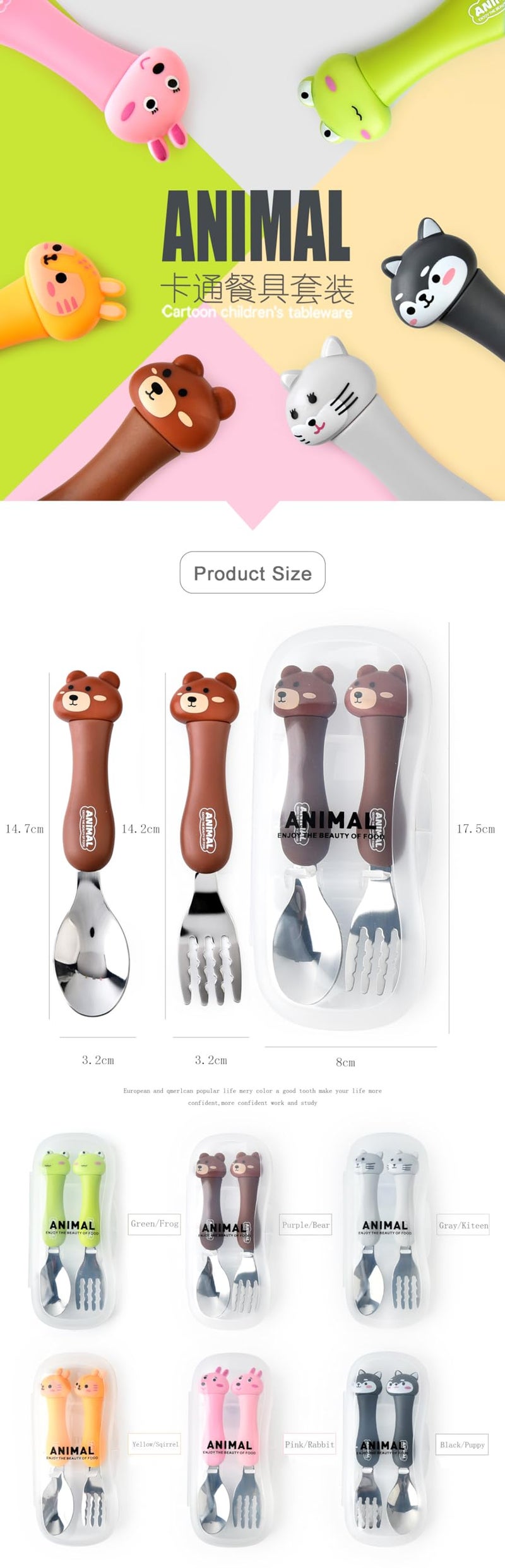 Puthak Creative Portable Cartoon Animal Cutlery Set Elementary Kids Children SUS304 Stainless Steel Cutlery Cute Fork Spoon 2 pcs Set with Travel Storage Box (Note: Color Will Be Sent As Per Stock) - Image 3