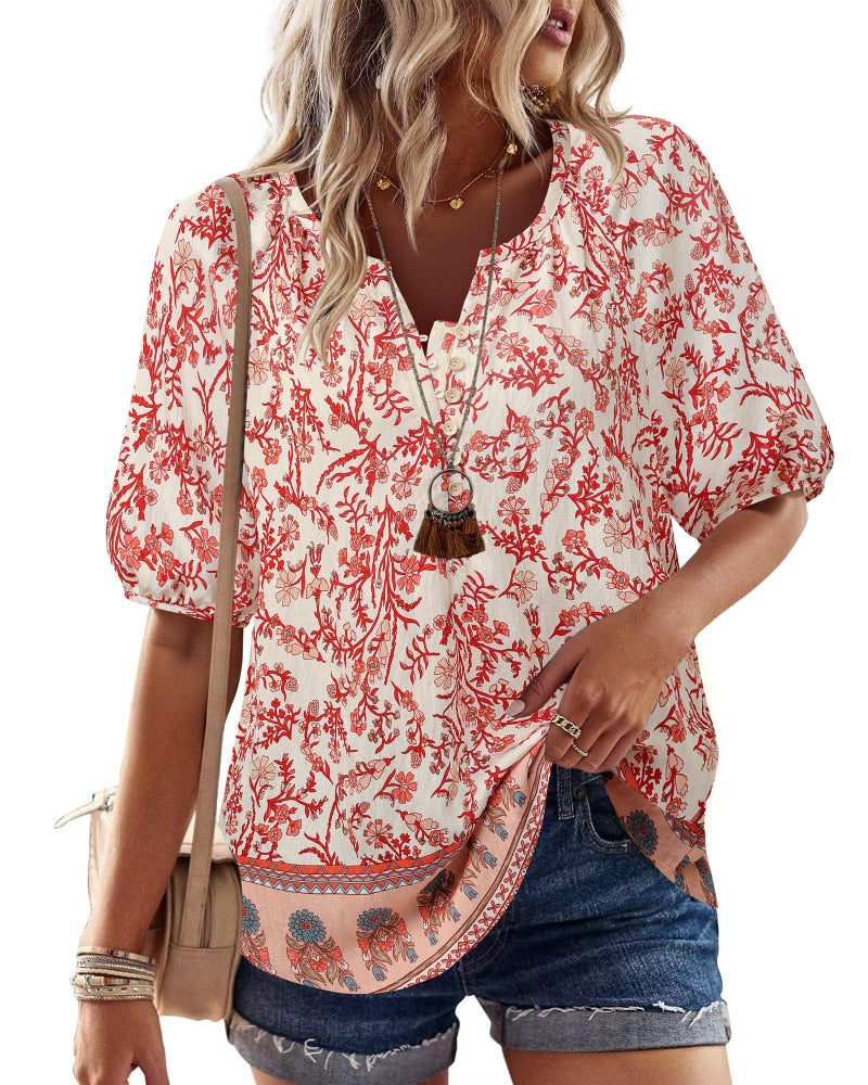 Unixseque Blouses for Women Casual: Womens Shirts Dressy Casual - Peasant Blouses for Women - V Neck Short Sleeve Linen Shirts 2025 Travel Cute Top Summer Clothes Beach Tops Multi Red Floral L - Image 1