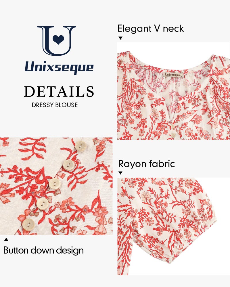 Unixseque Blouses for Women Casual: Womens Shirts Dressy Casual - Peasant Blouses for Women - V Neck Short Sleeve Linen Shirts 2025 Travel Cute Top Summer Clothes Beach Tops Multi Red Floral L - Image 4